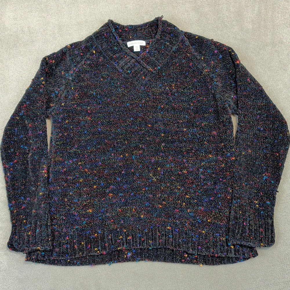 Coldwater Creek Sweater Womens 1X Rainbow Confetti Knit Mock Neck Chenille Black